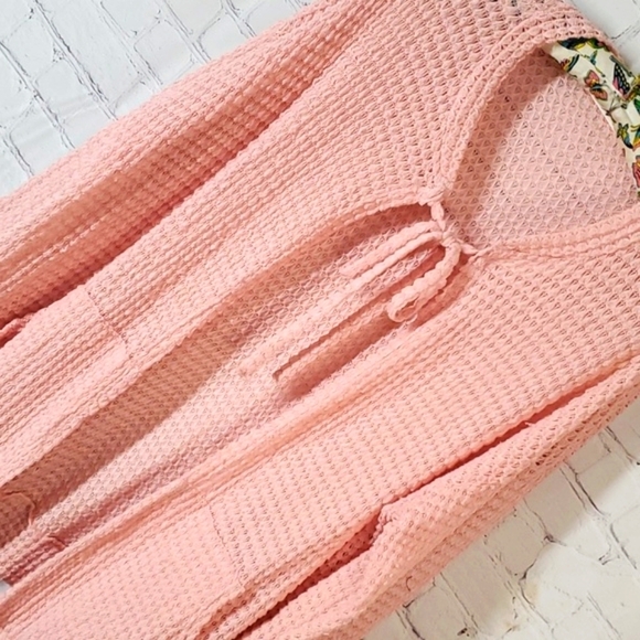 Chris & Carol Tie Neck Cardigan Sweater Baby Pink Open Waffle Knit Neutral Sz L - Picture 7 of 17